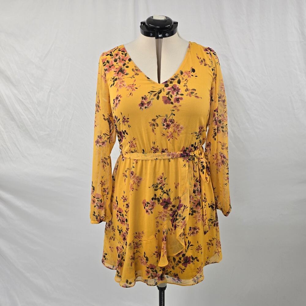by & by Smocked Waist Mini Dress Women's L Golden Yellow Floral Long Sleeve Belt